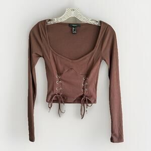 Vintage-Inspired Forever 21 Brown Ribbed Lace-Up Long Sleeve Crop Top Size Small